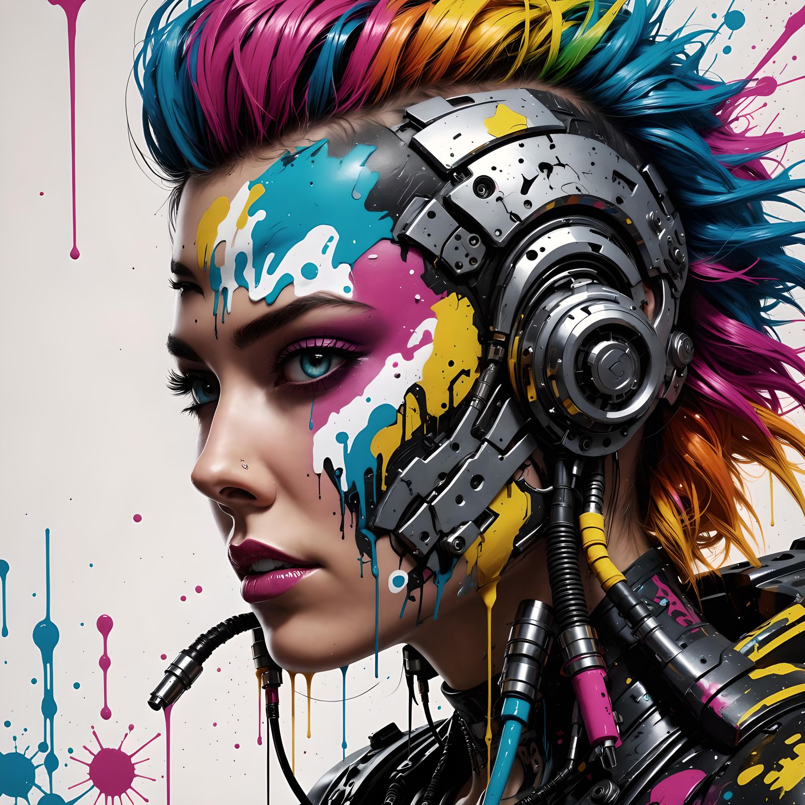 A beautiful female  cyborg punker; colorful;  polychromatic ...