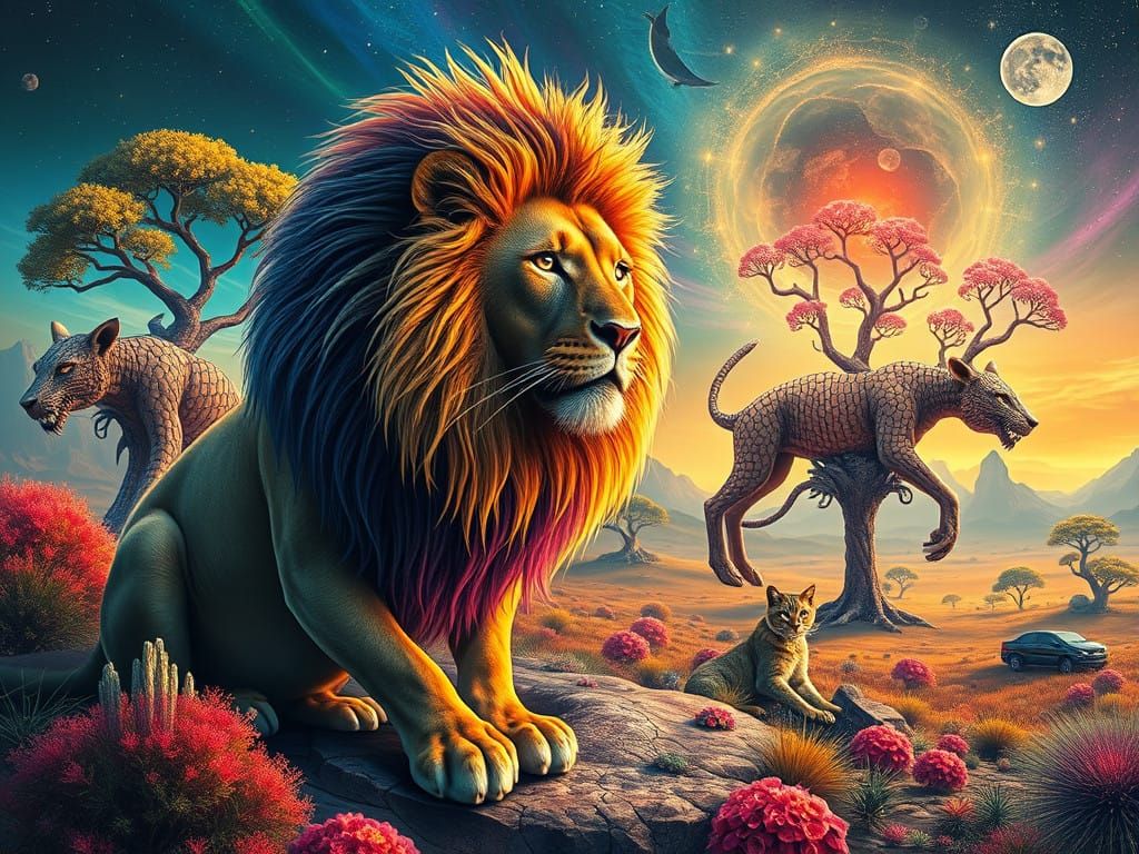 Bucolic Alien Landscape with Hybrid Lion and Vibrant Vegetat...