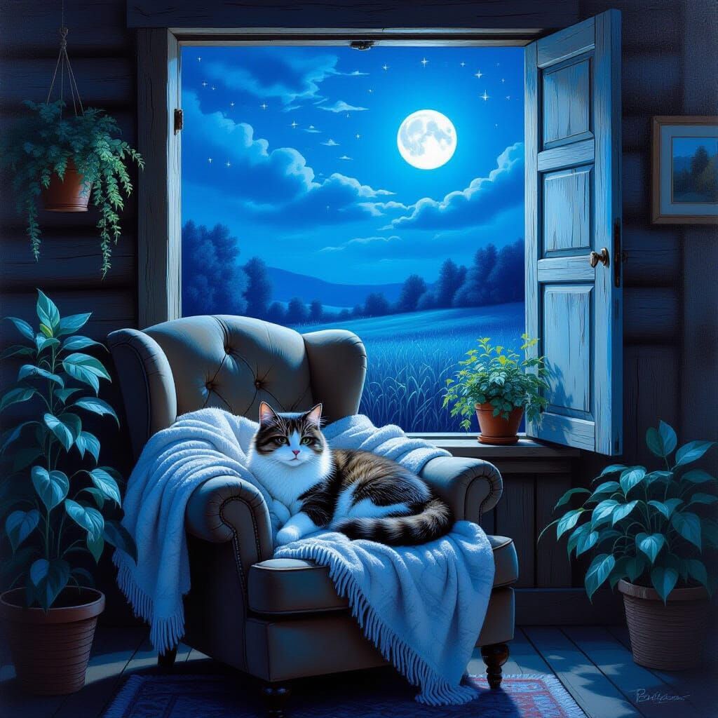 Cozy Cat in Cabin Oil Painting with Baroque Lighting