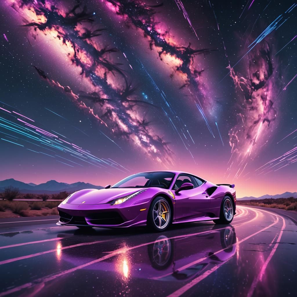 Light Purple Ferrari Driving Through Cosmos in Synthwave