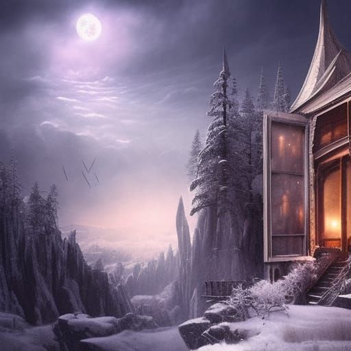 Fireworks Over Snowy Mansion in Detailed Digital Painting