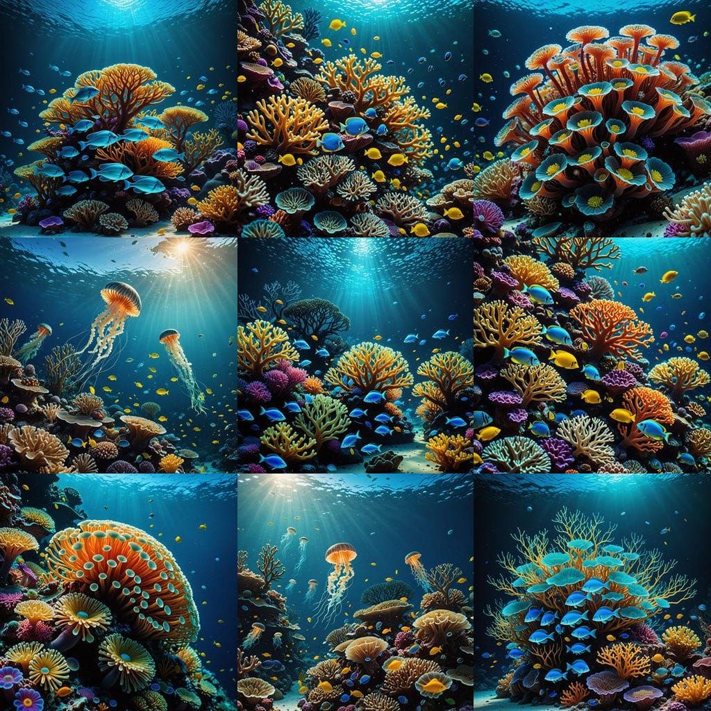 A vibrant coral reef teeming with exotic fish and bioluminescent creatures, underwater photography