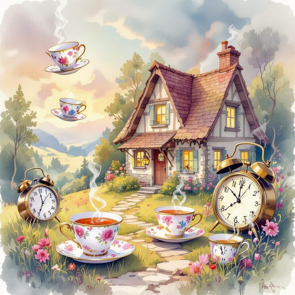 Surreal Watercolor Cottage with Floating Teacups and Melting...