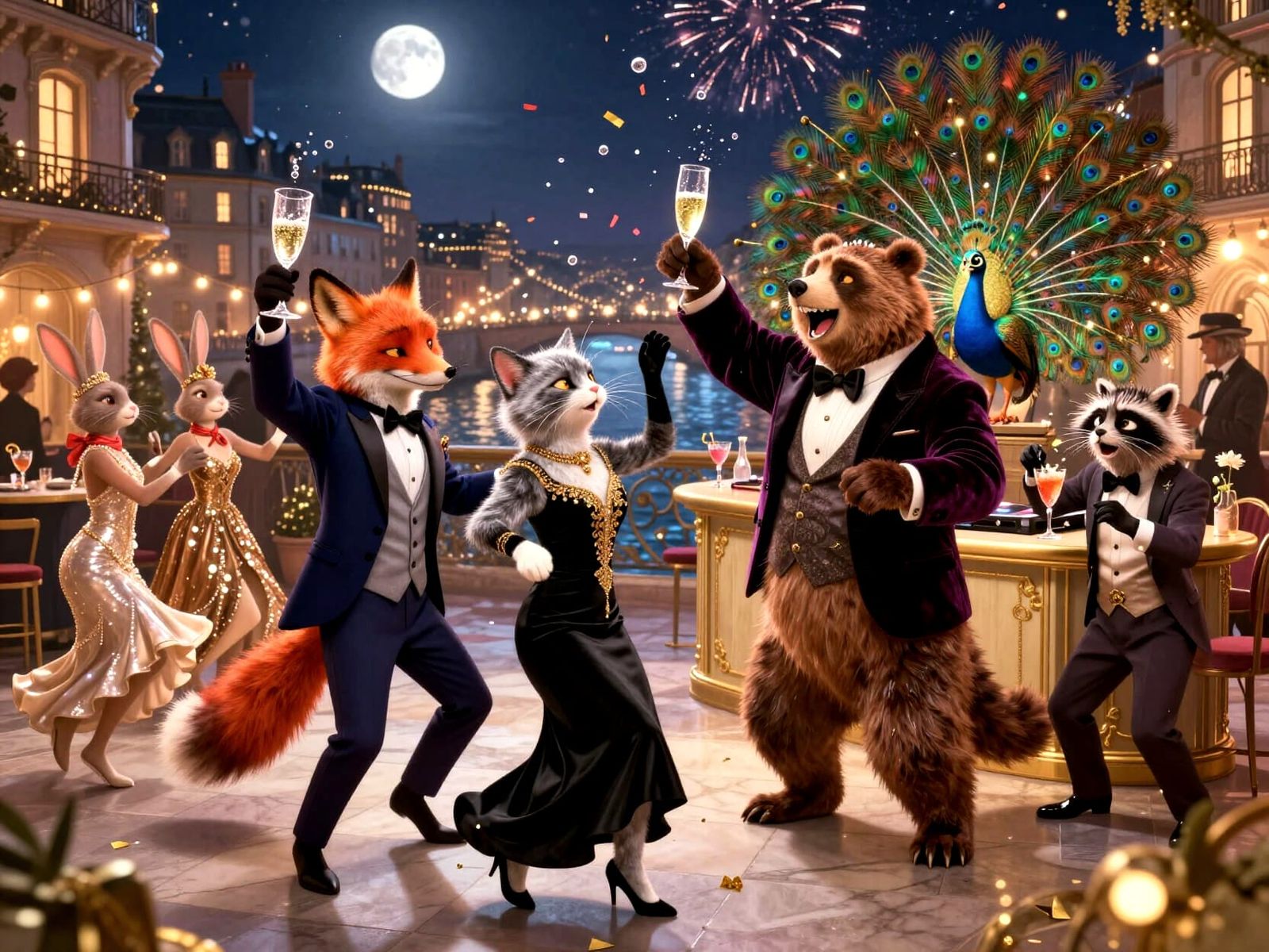 Anthropomorphic Animals Celebrate New Year's Eve in Paris