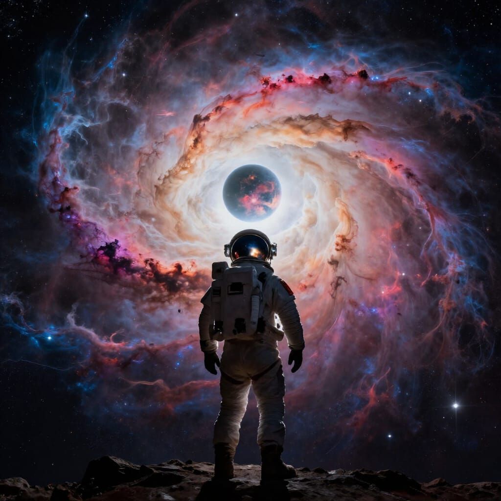 Astronaut Lost in Cosmic Nebula, Alien Planet View
