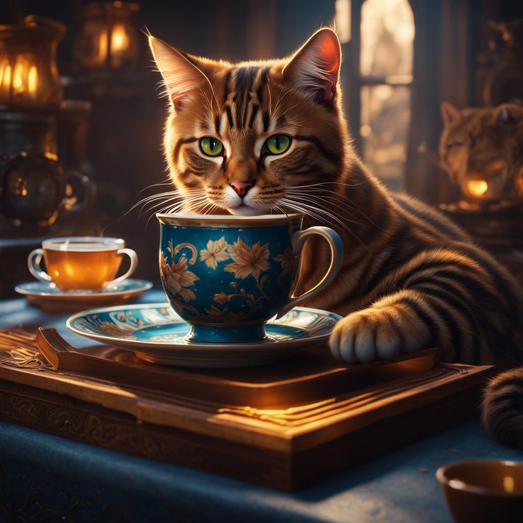 Cat Sipping Tea: Detailed Fantasy Art