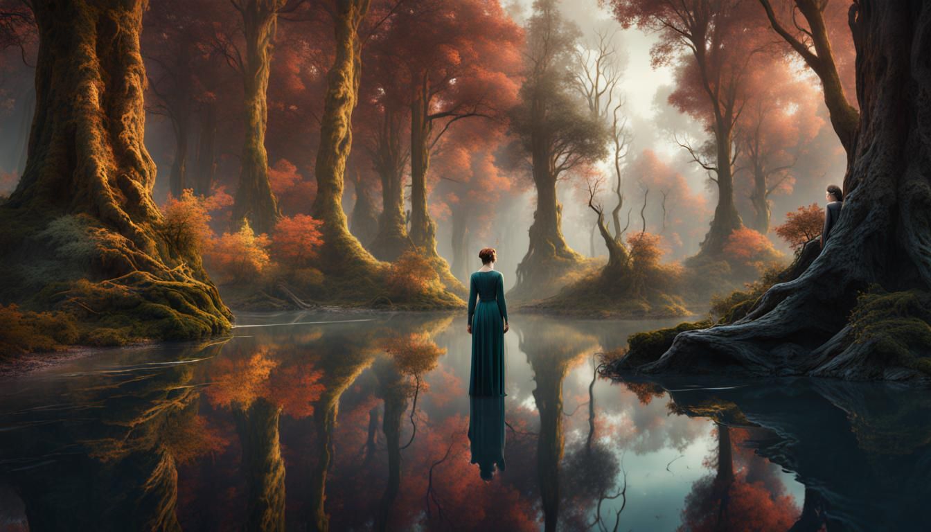 Woman's Reflection in Forest Pond: Fantasy Concept Art