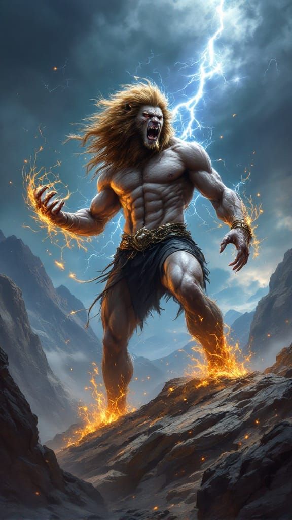 Lion Shapeshifter Mid-Transformation on Windswept Plateau