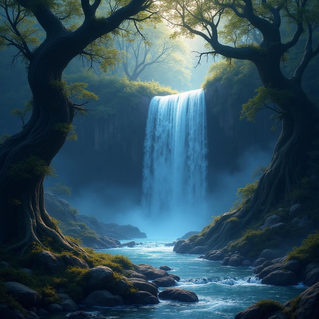 Enchanted Waterfall at Night in Deep Forest