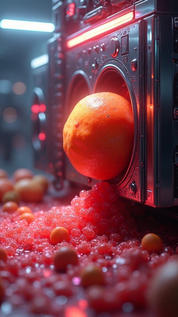 Futuristic Food Machine Squishing Fruit in a Sci-Fi Style
