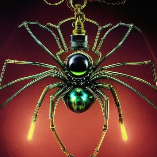 Steampunk Spider on Neon String: Dark Concept Art