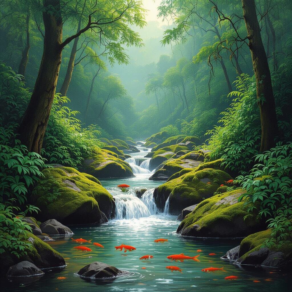 Lush Rainforest Waterfall in 19th Century Style