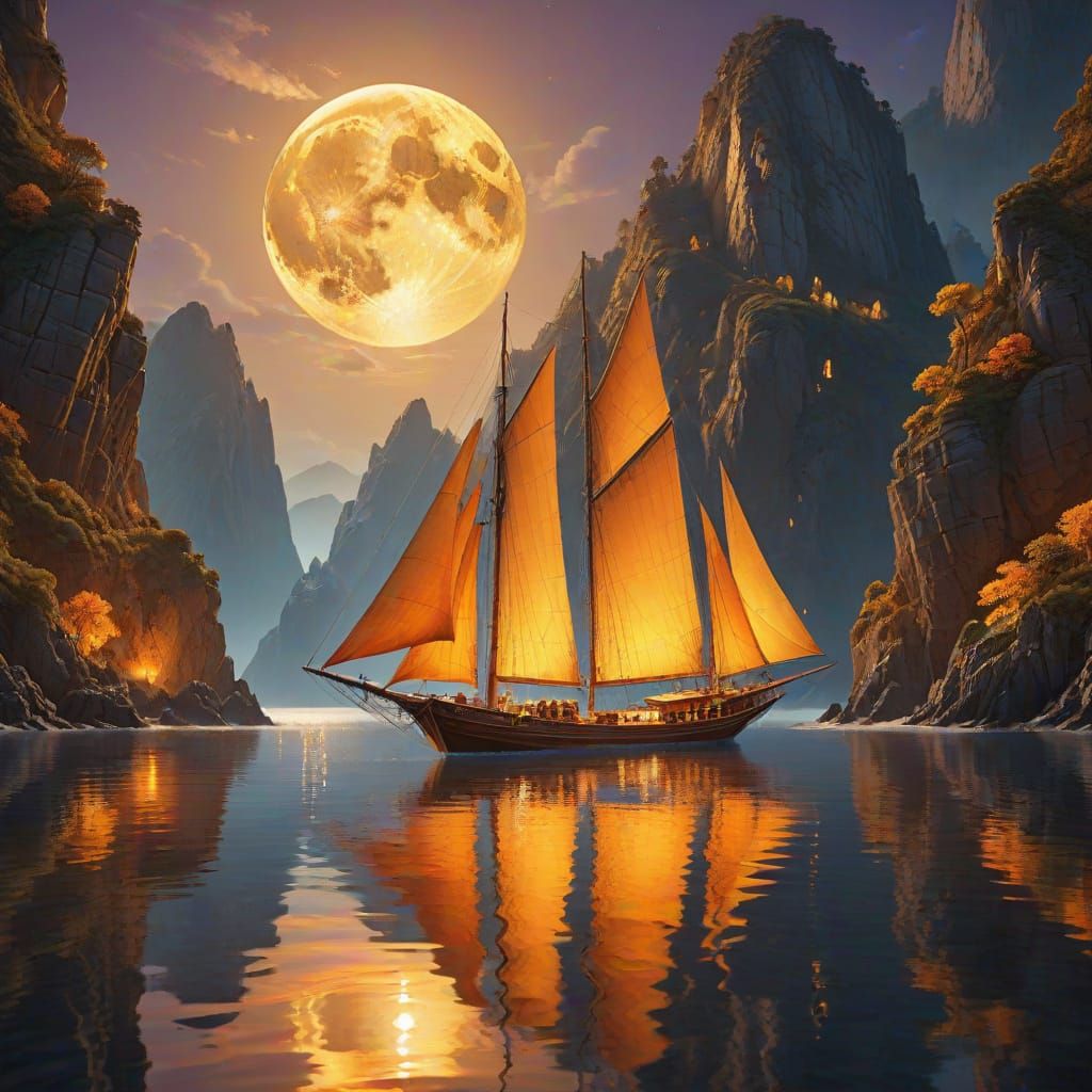 Fantasy Seascape with Wooden Sailboat Under Full Moon