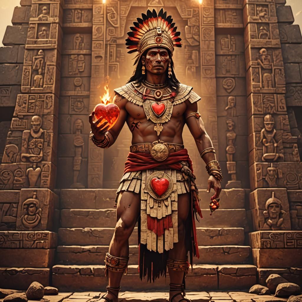 Aztec Man Holding Heart in Golden Light