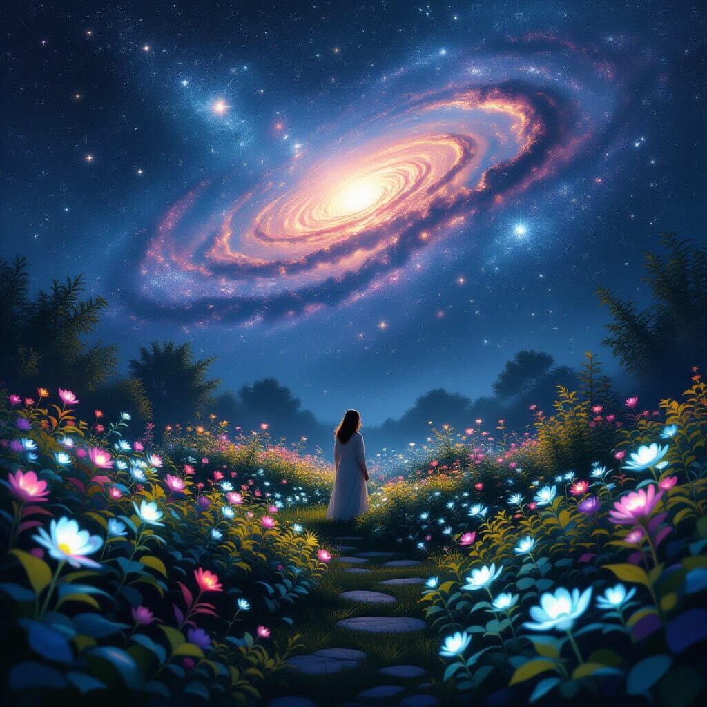 Tranquil Astral Garden With Bioluminescent Flowers