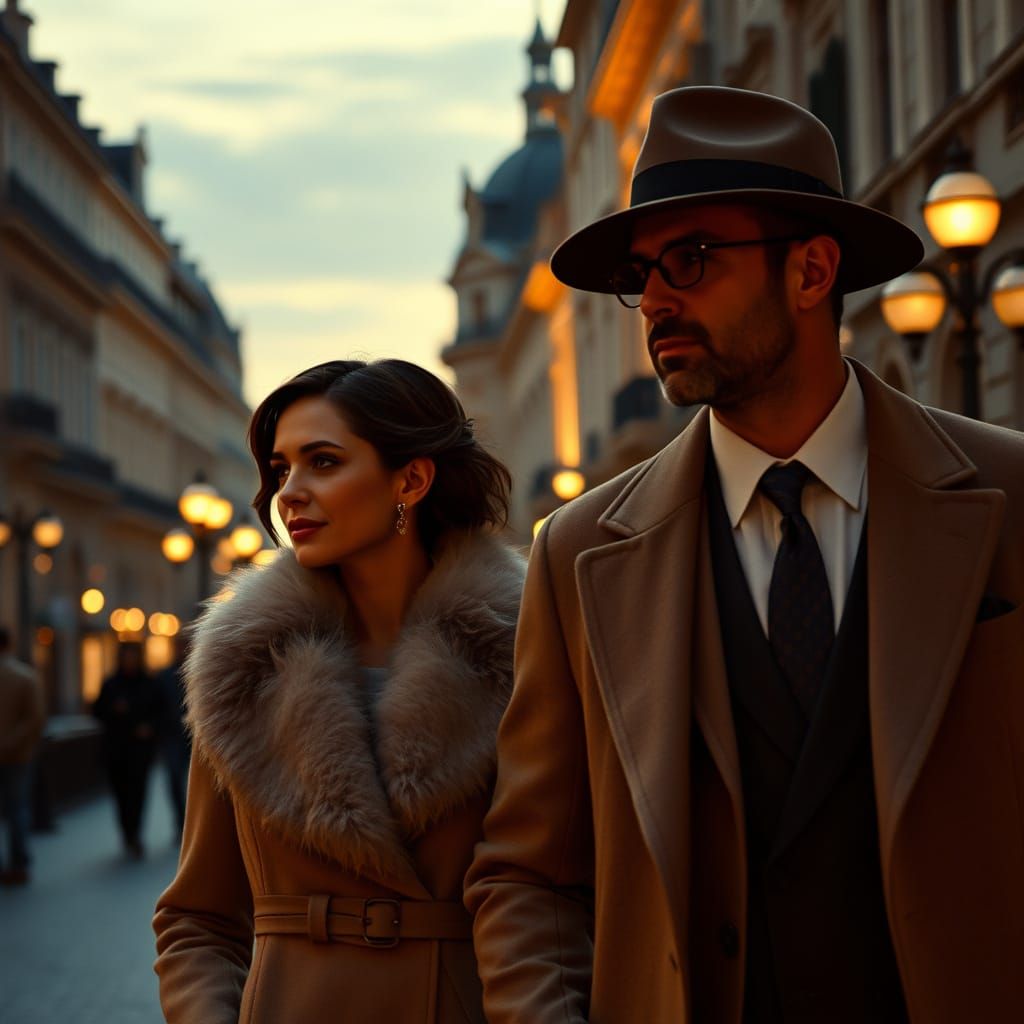 Elegant Couple Strolls Through a City at Dusk in Cinematic S...