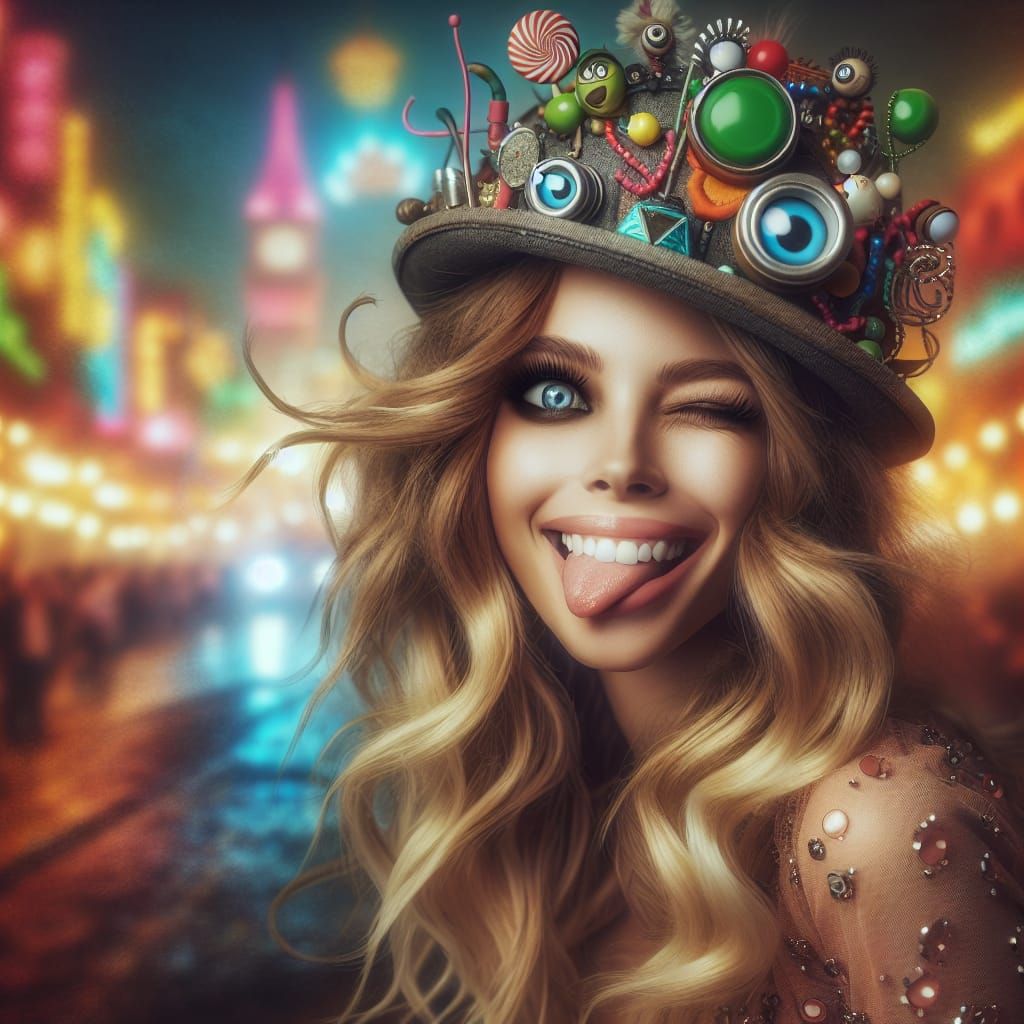 Playful Blonde Woman in Cityscape Matte Painting