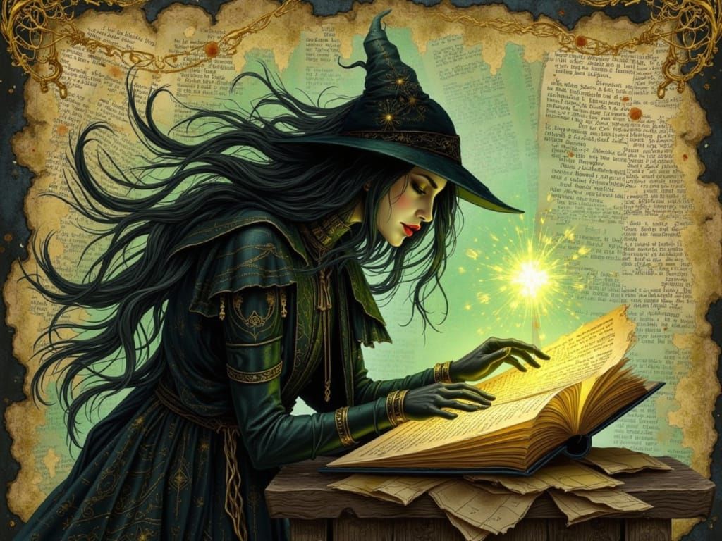 Dark Fantasy Witch Studying Spellbook with Ethereal Glow