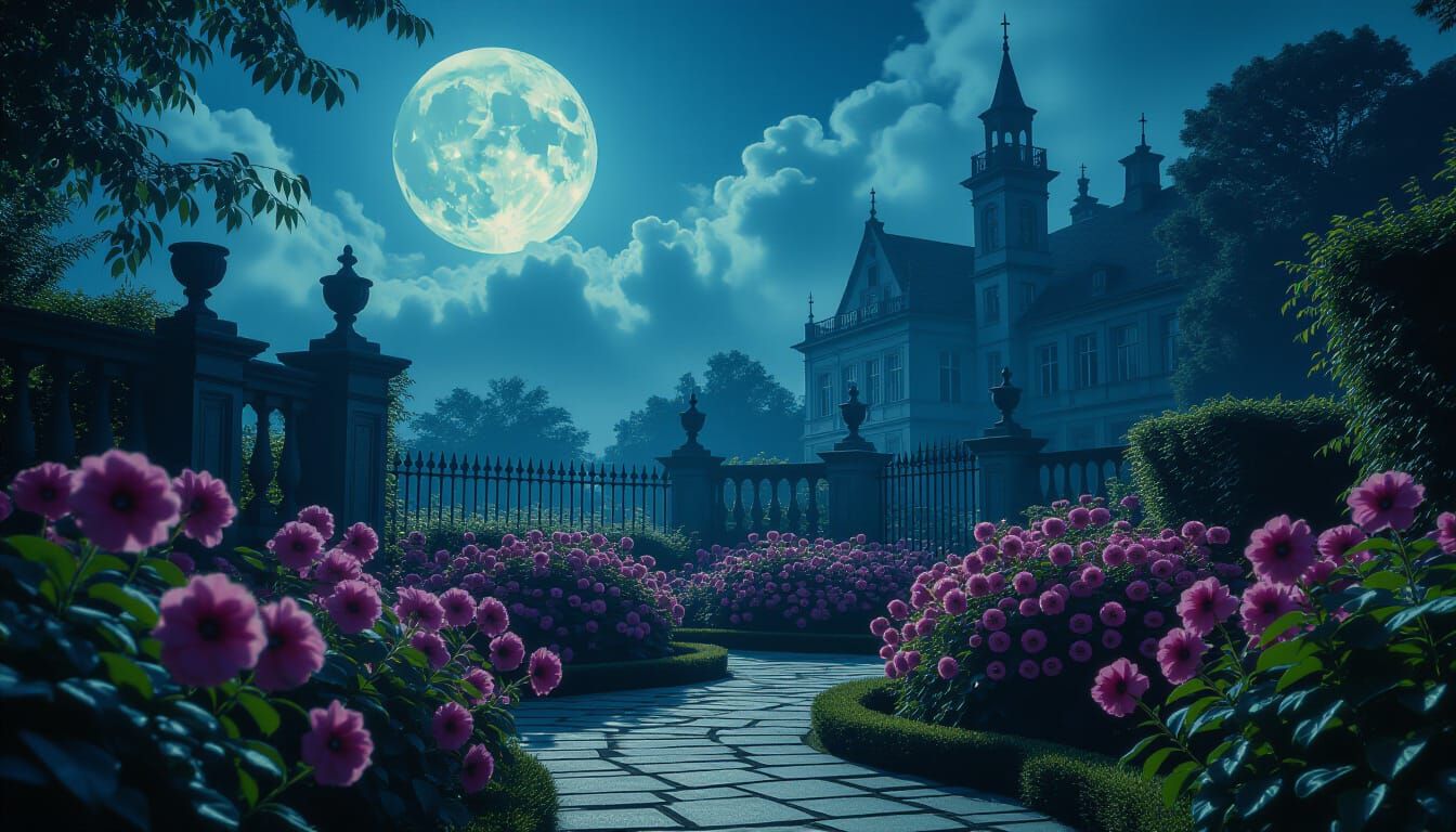 Moonlit Gothic Flower Garden in Cinematic Style