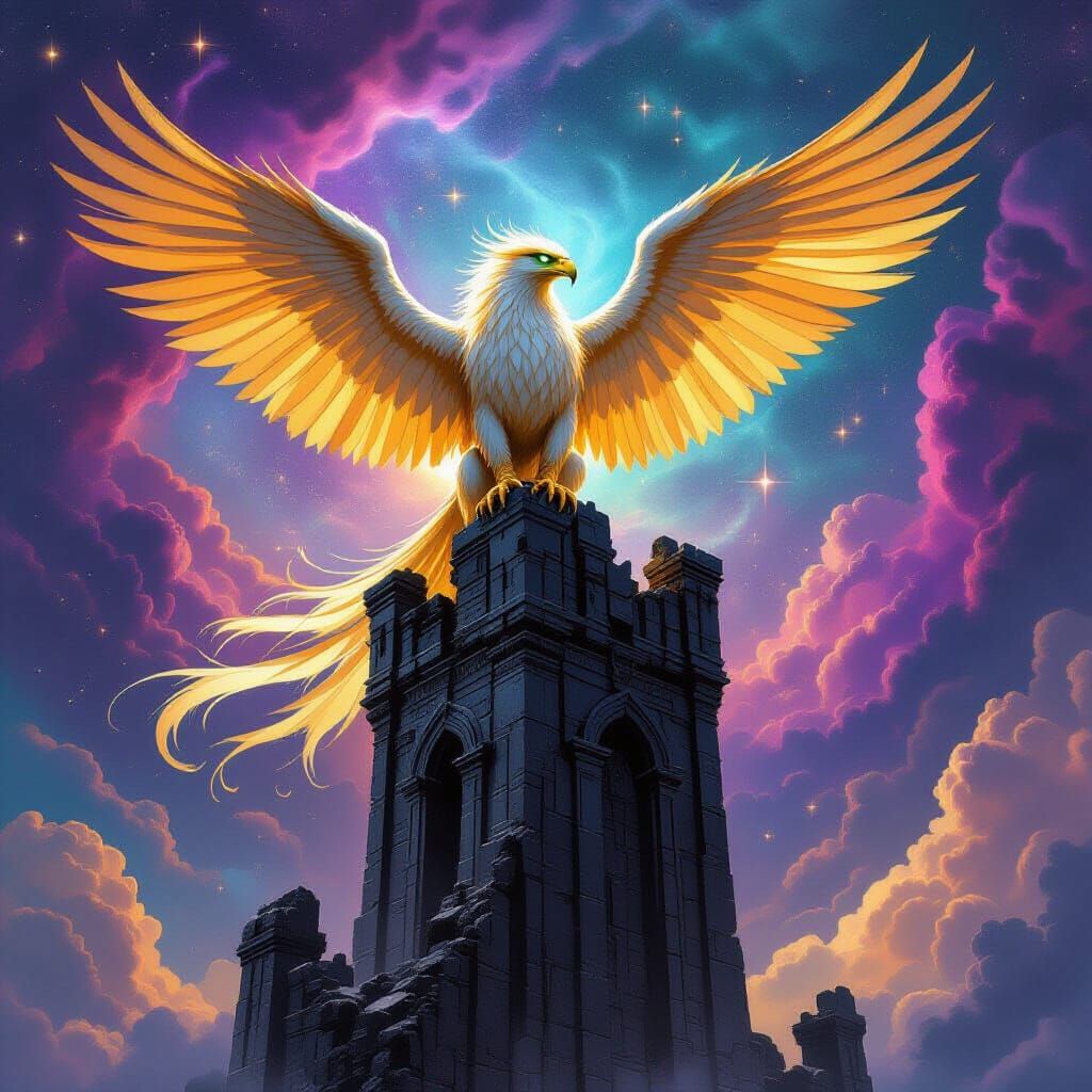 Majestic Griffin on Obsidian Tower in Cosmic Fantasy Style