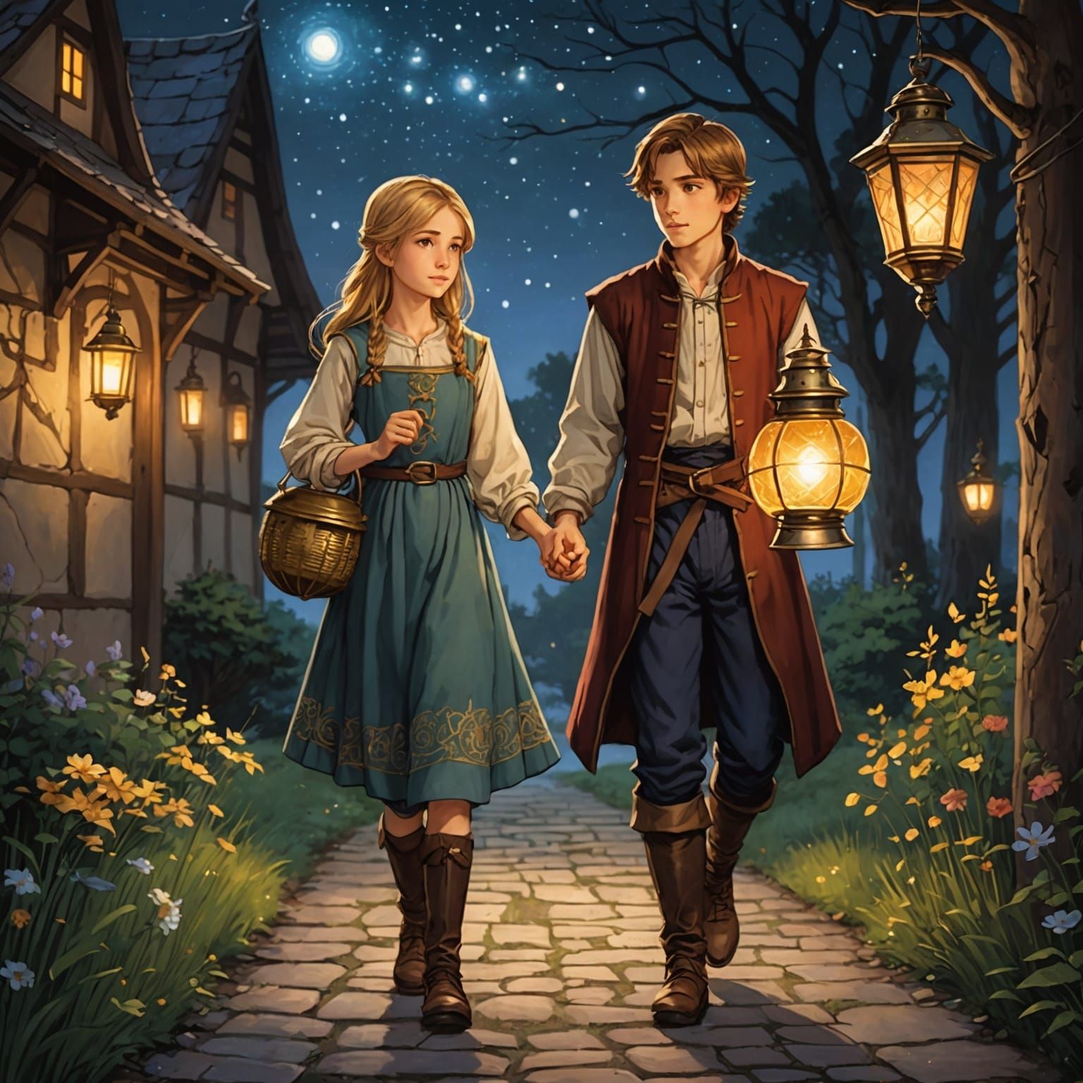 Medieval Siblings Guided by Lantern Light: Anime Style