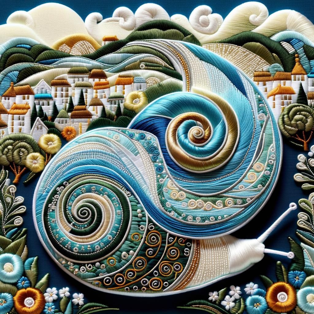 Embroidered Snail Village in Klimt-Inspired Mosaic Style