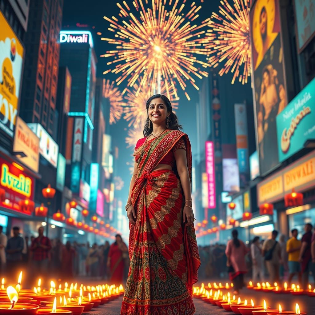 Diwali Celebration with Modern Skyscrapers and Fireworks