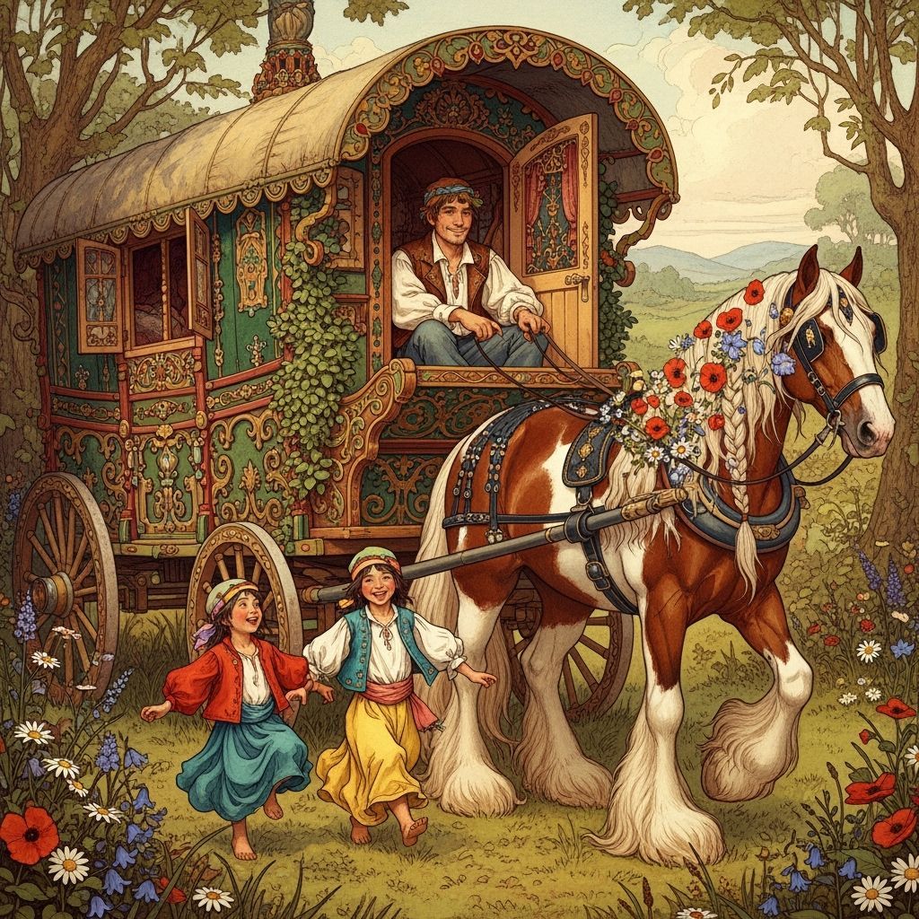 Ornate Gypsy Caravan in Arthur Rackham Style
