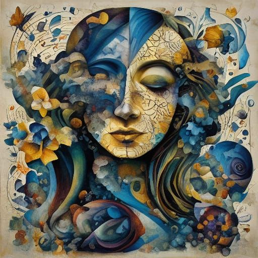 Moonlit Flowers Over Water in Blue and Yellow Acrylic Style