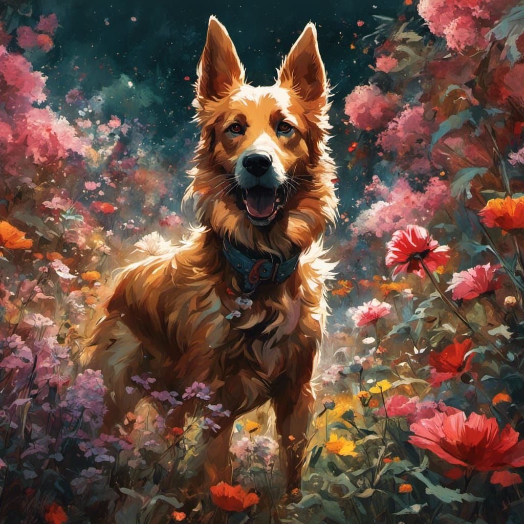 Dog Splashing in Flowers: Detailed Digital Painting