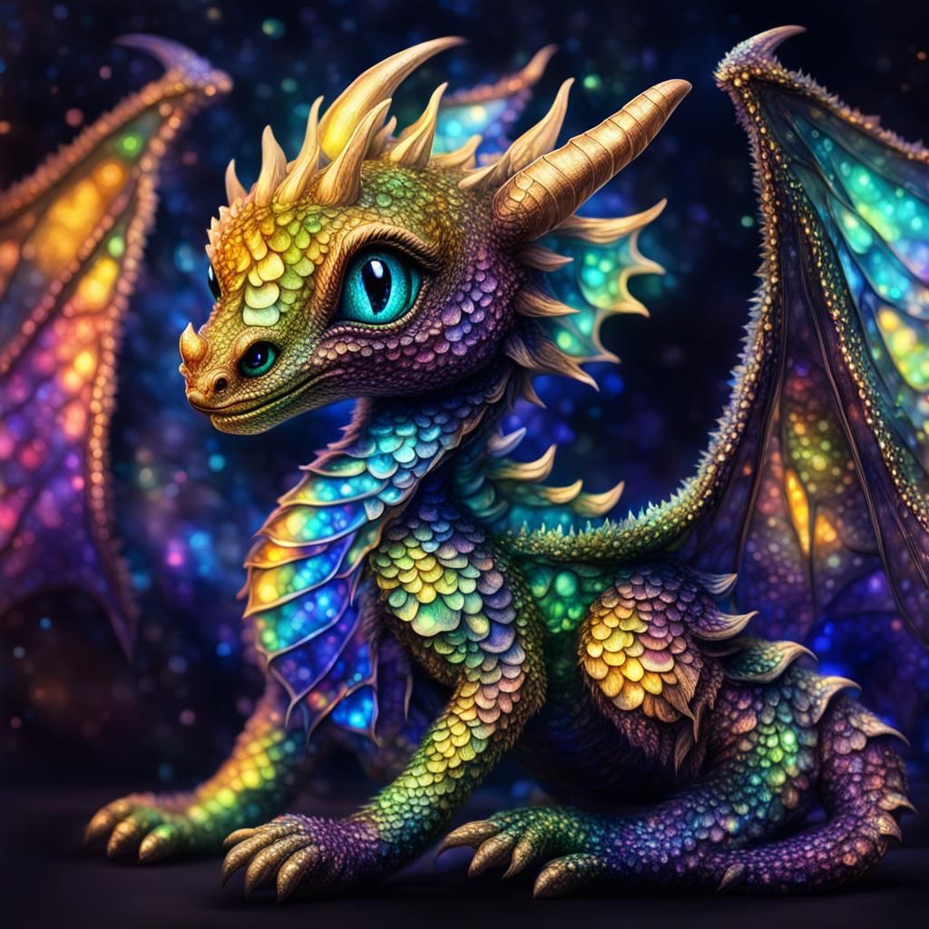 Iridescent Baby Dragon in Glass Painting Style