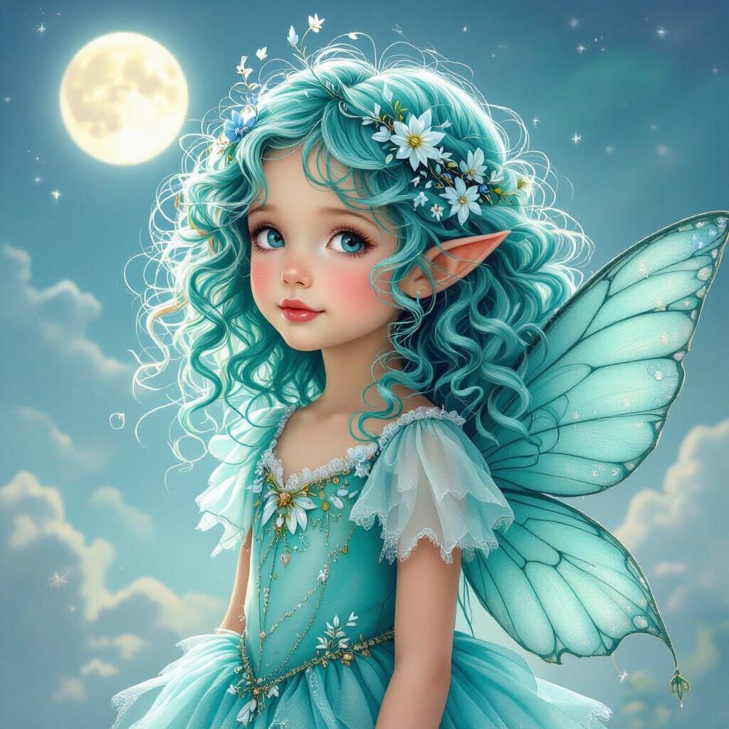 Turquoise Fairy Child Under Moonlight, Fantasy Art