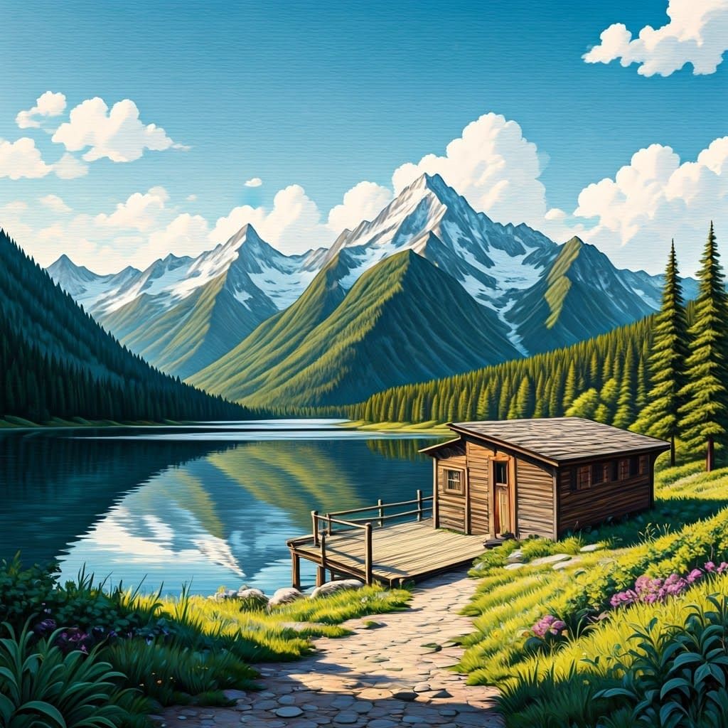 Mountain Landscape Graphite Sketch with Cabin