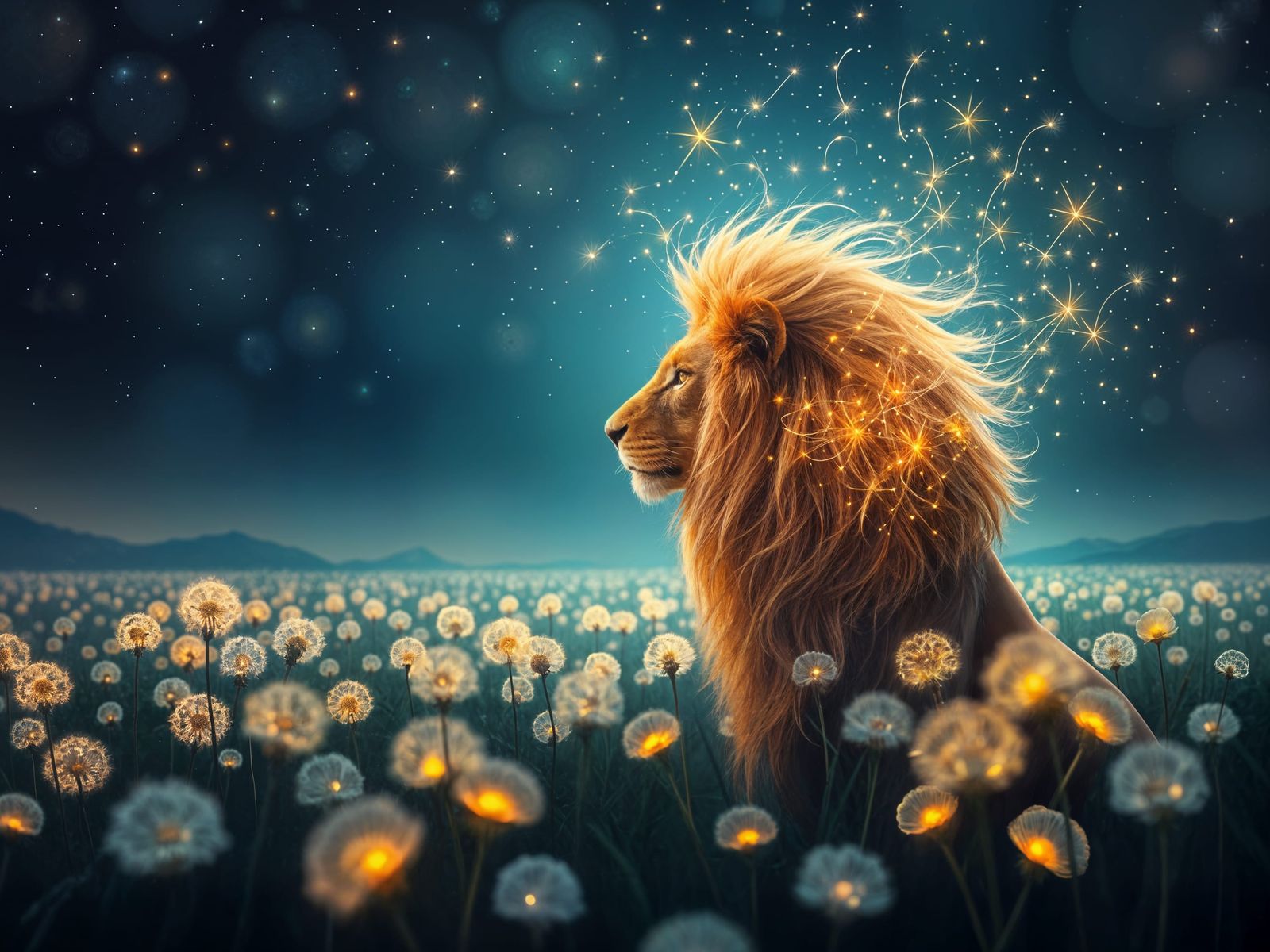 Lion with Starlight Mane in Bioluminescent Dandelion Field