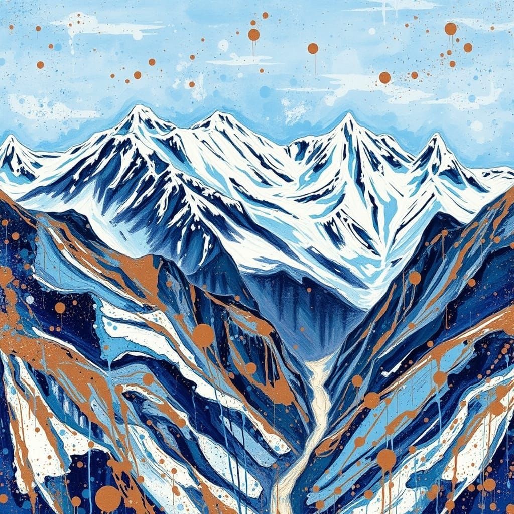 Splatter art, mountain range with snow