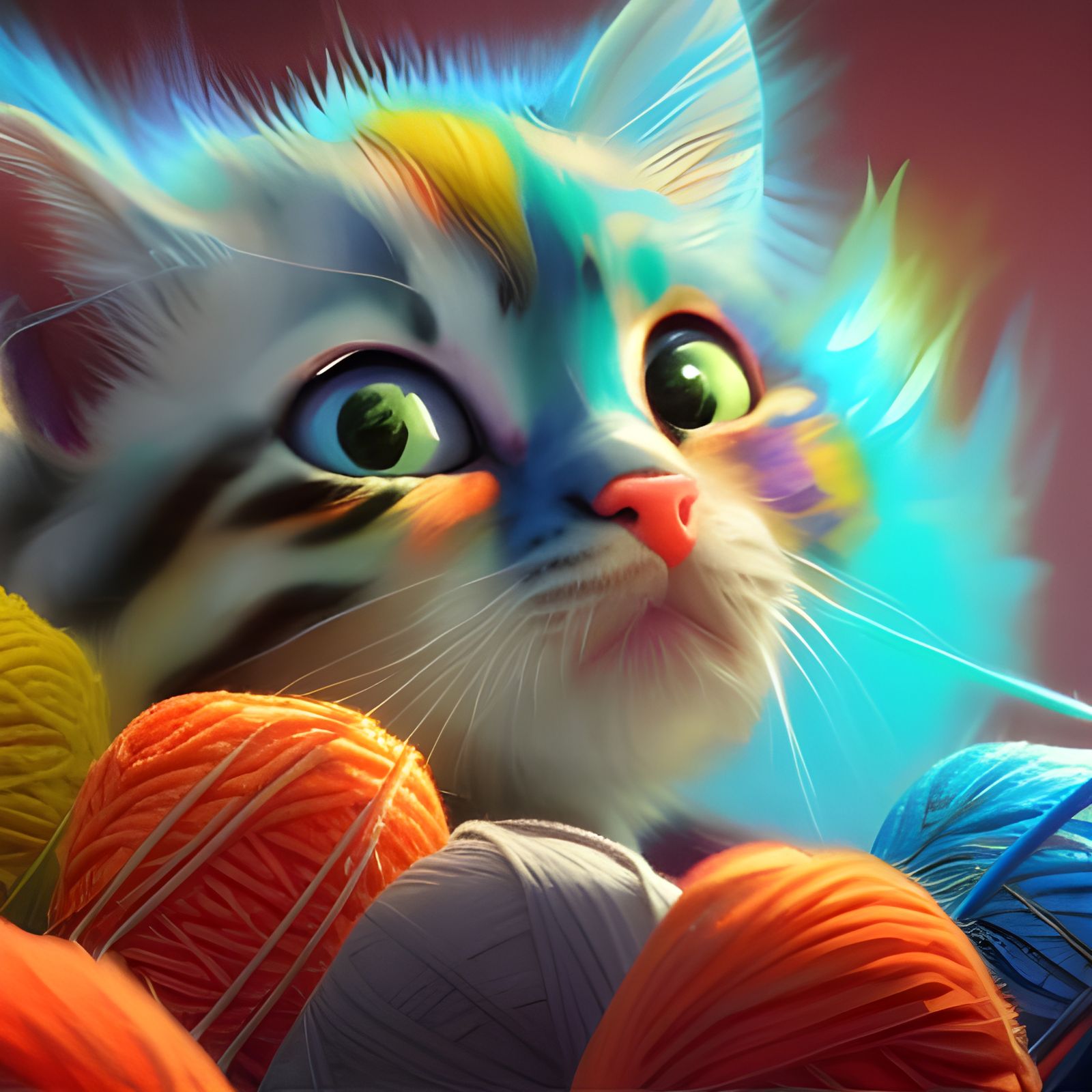 Colorful Kitten Playing with Yarn in Hyperdetailed Art