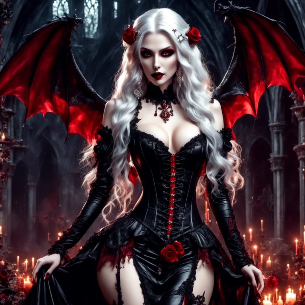 Vampire Princess, in gothic candle lit cathedral.