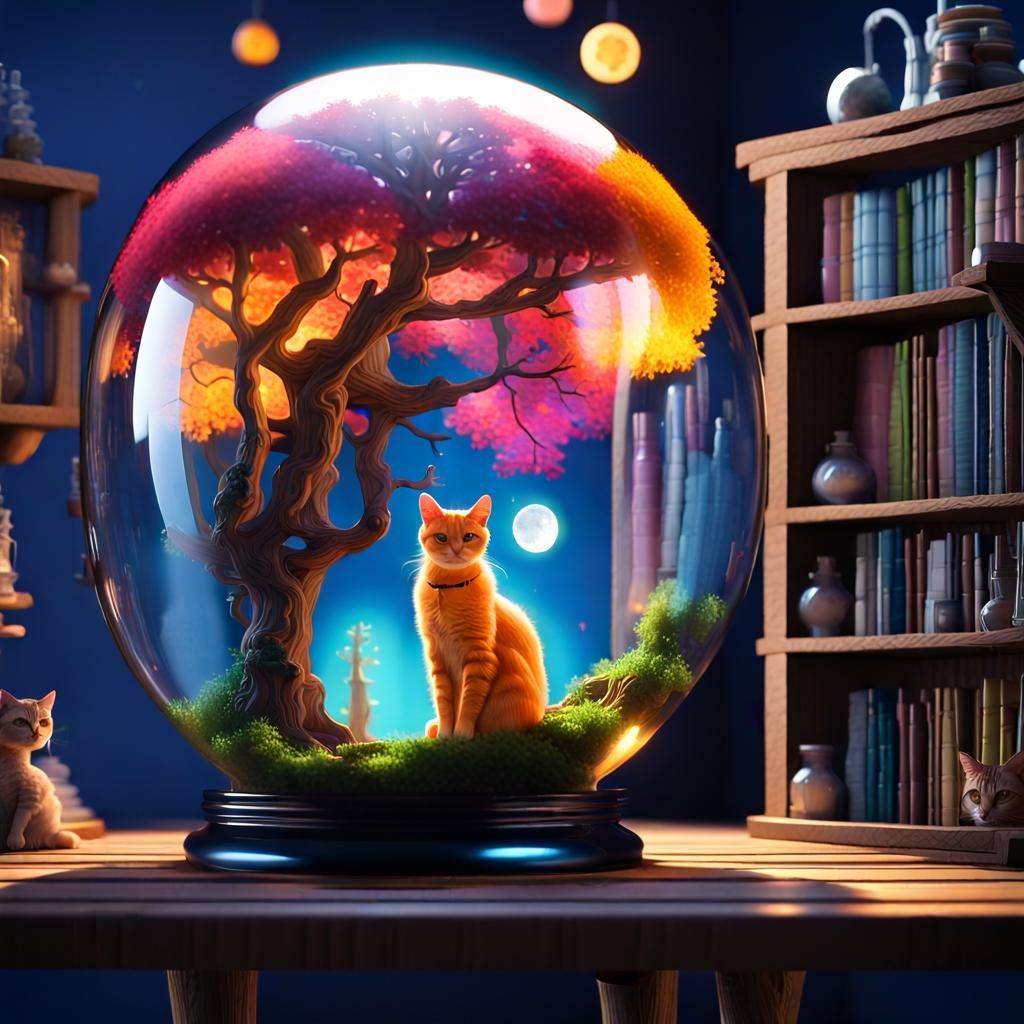 Cat in Glass Sphere Treehouse: 8K Concept Art