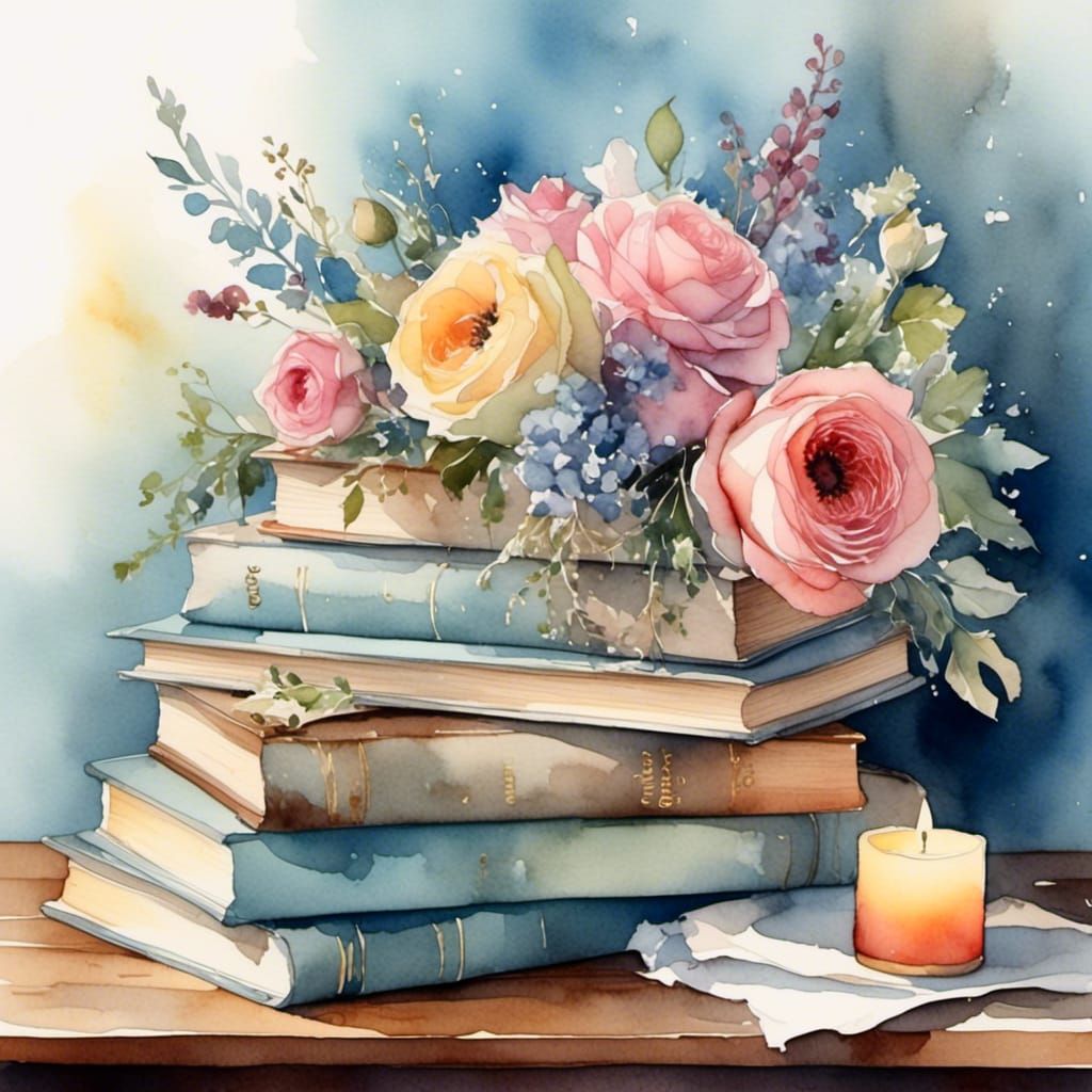 Watercolor Books with Flowers and Candles