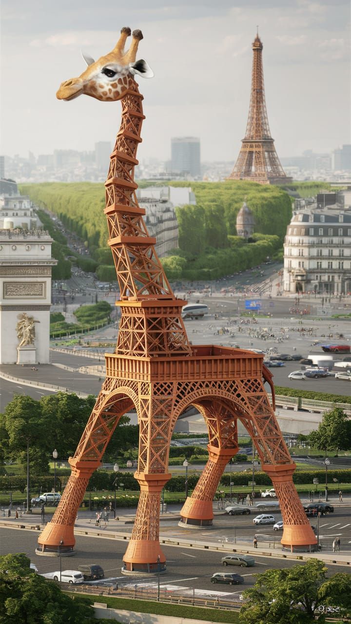 Eiffel Tower Giraffe Overlooks Paris, Digital Art