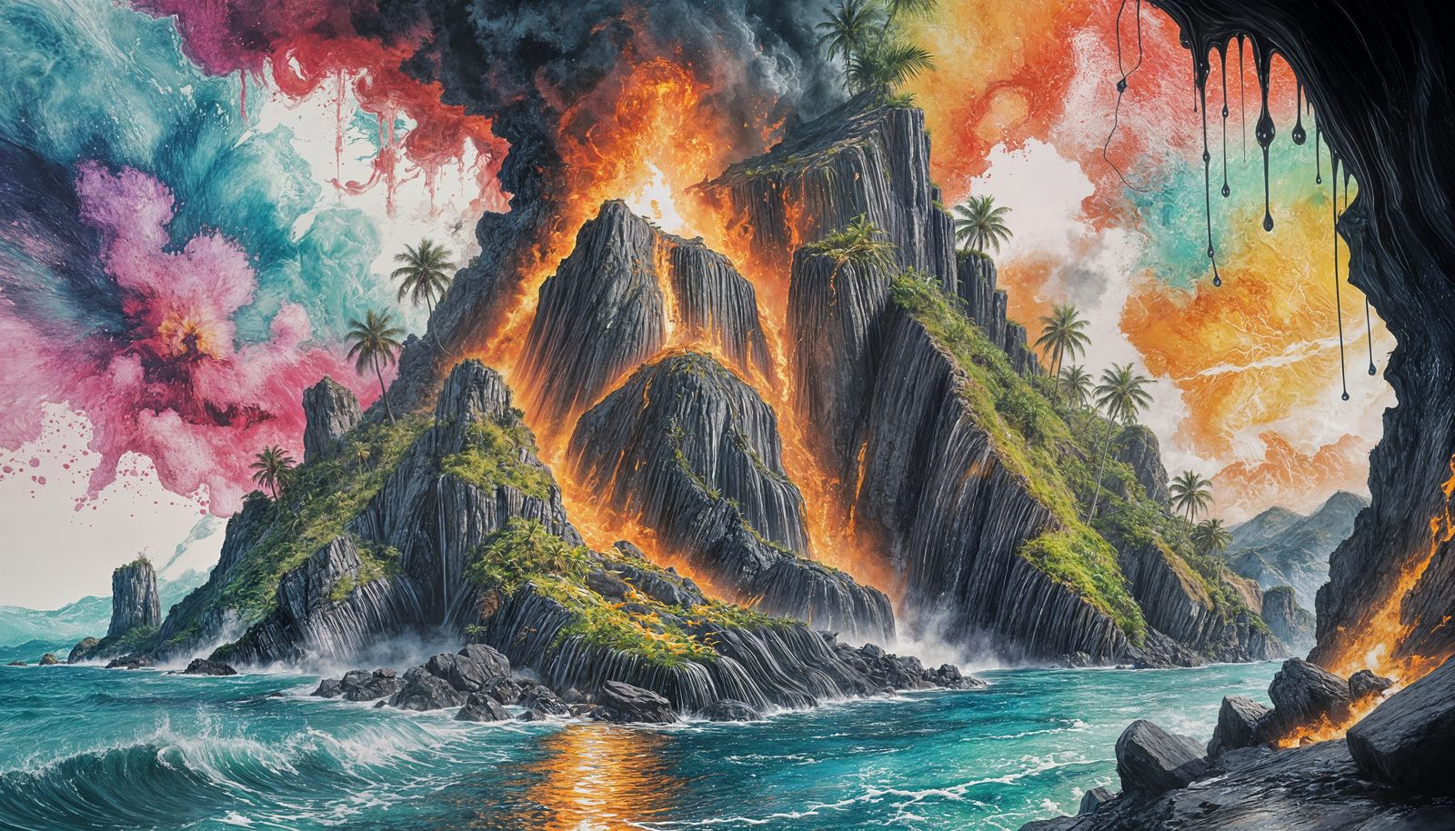 Volcanic Island Paradise in Graffiti Art Style