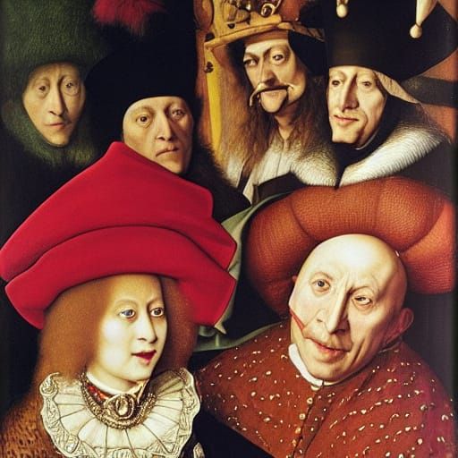 Queen of Hearts Offers Pencil to Alice in Jan van Eyck Style