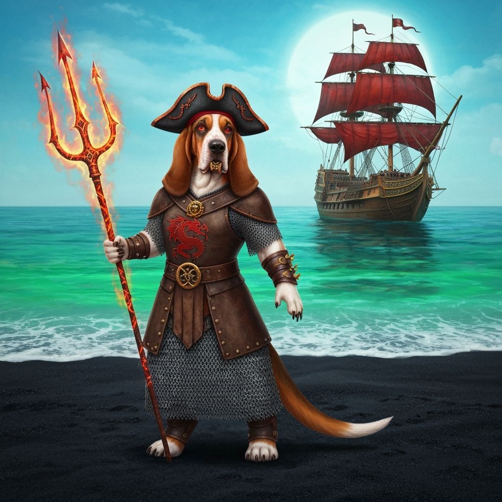 Anthro Basset Hound Witch on Beach with Fiery Trident