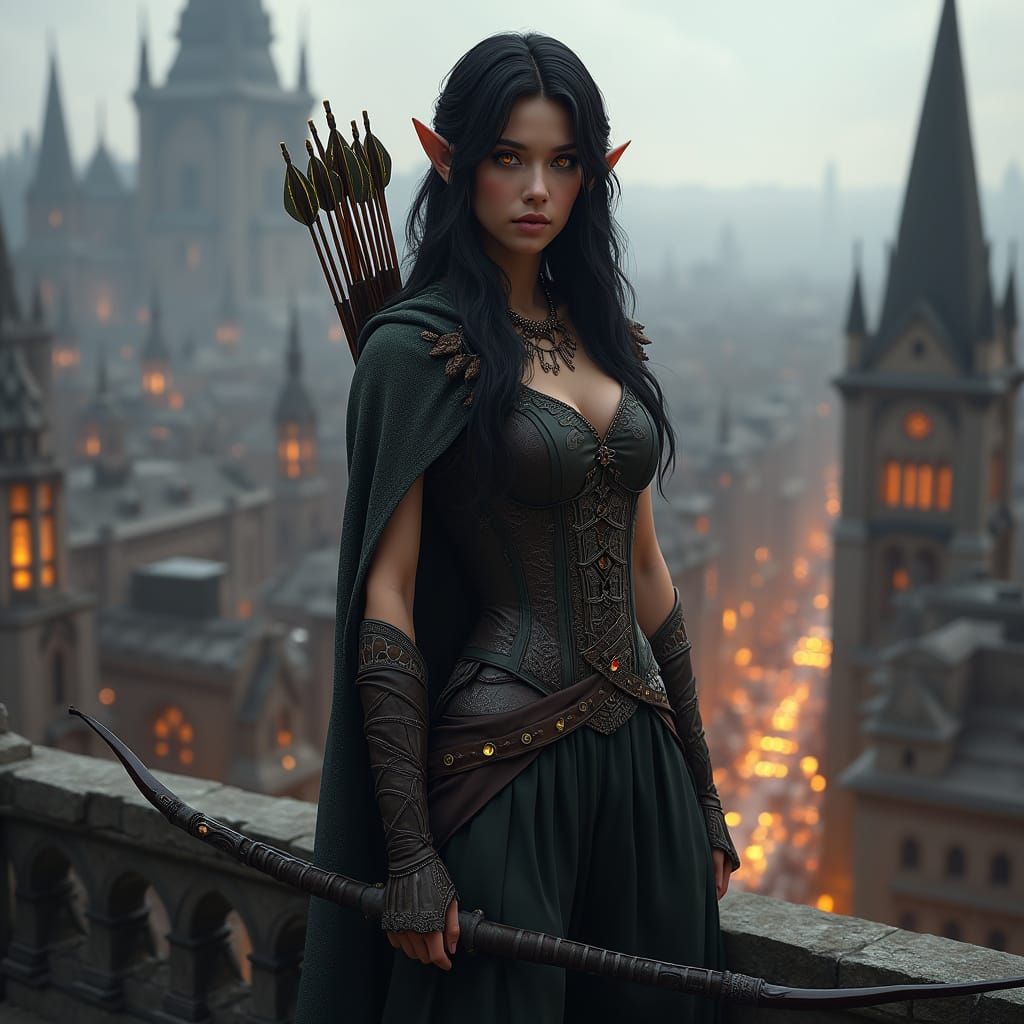 Half-Elf Archer on Fantasy Rooftop - Matte Painting