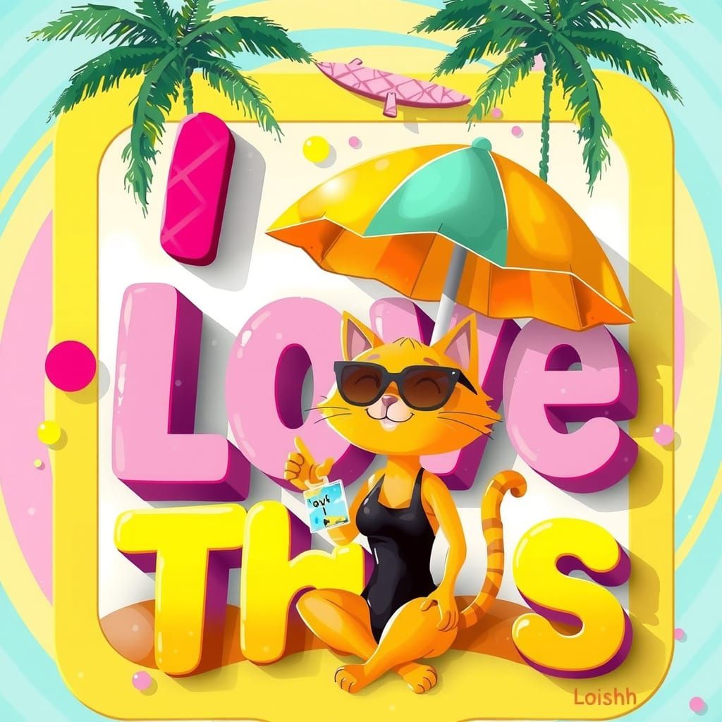 Cat sitting on a beach saying I LOVE THIS