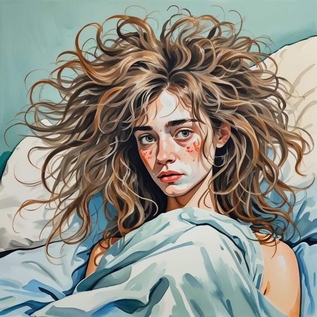 Detailed Gouache Painting: The Worst Bed Hair