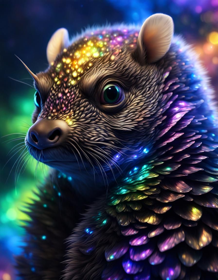 Adorable Winged Otter Dragon Cub Portrait in Holographic Sty...