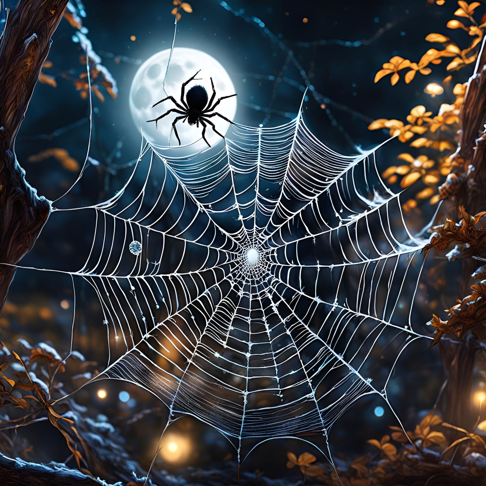 Bioluminescent Spiderweb with Spider in Dreamlike Art