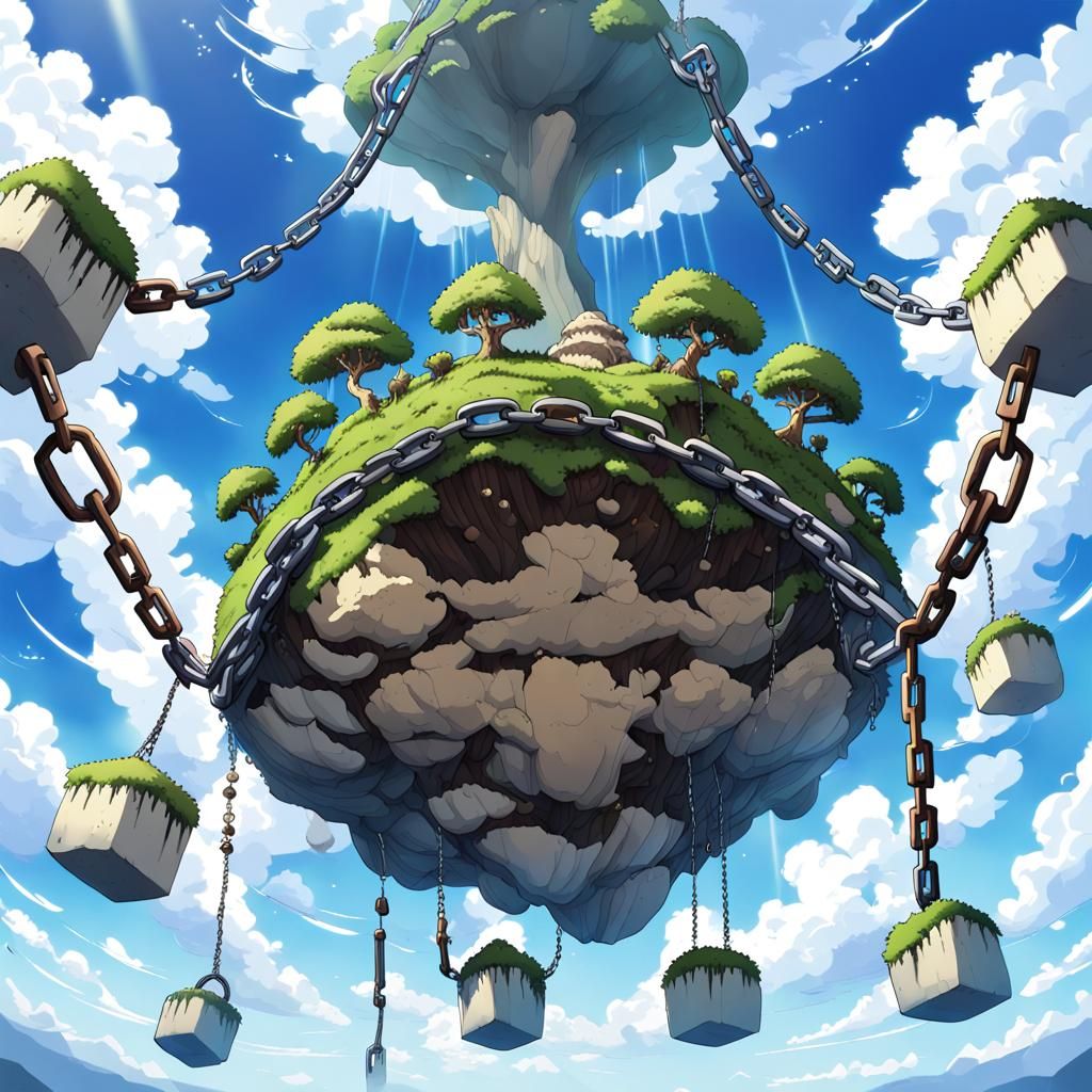 Floating Islands Linked by Chains in Anime Style