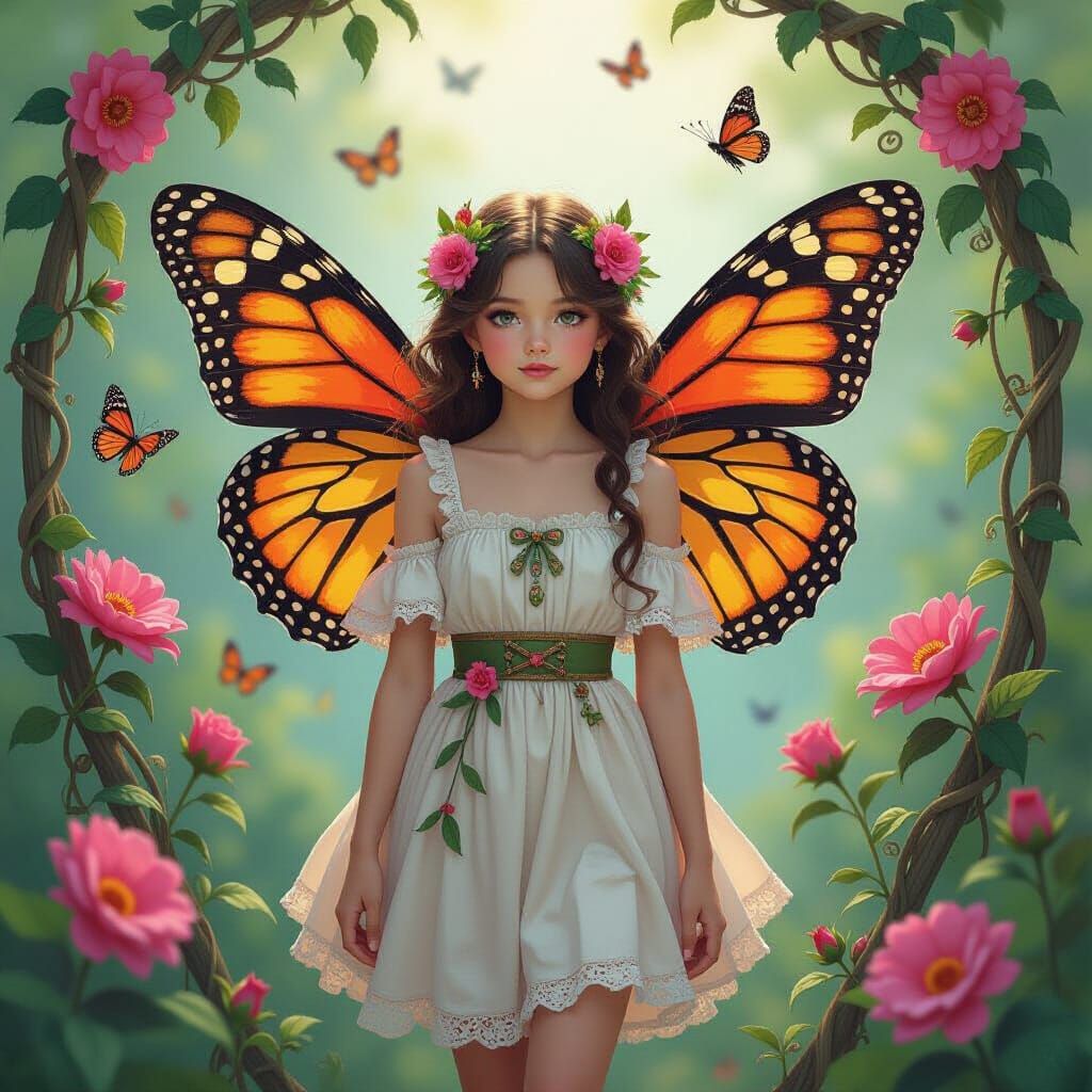 Butterfly Girl in Dreamy Forest, Ethereal Art